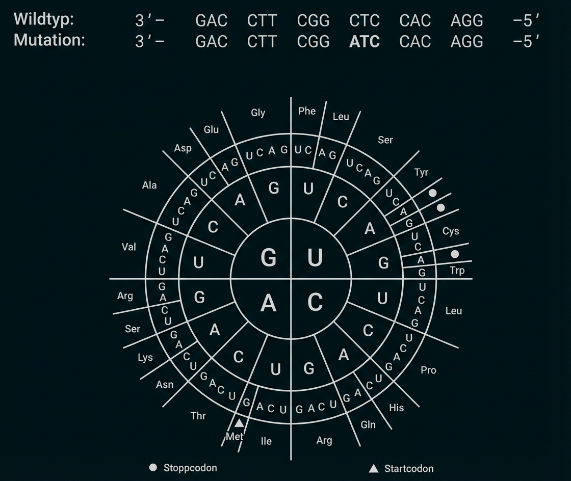 Genetischer Codon-Ring mit Codons und Aminosäuren, oben Wildtyp- und Mutationssequenz.